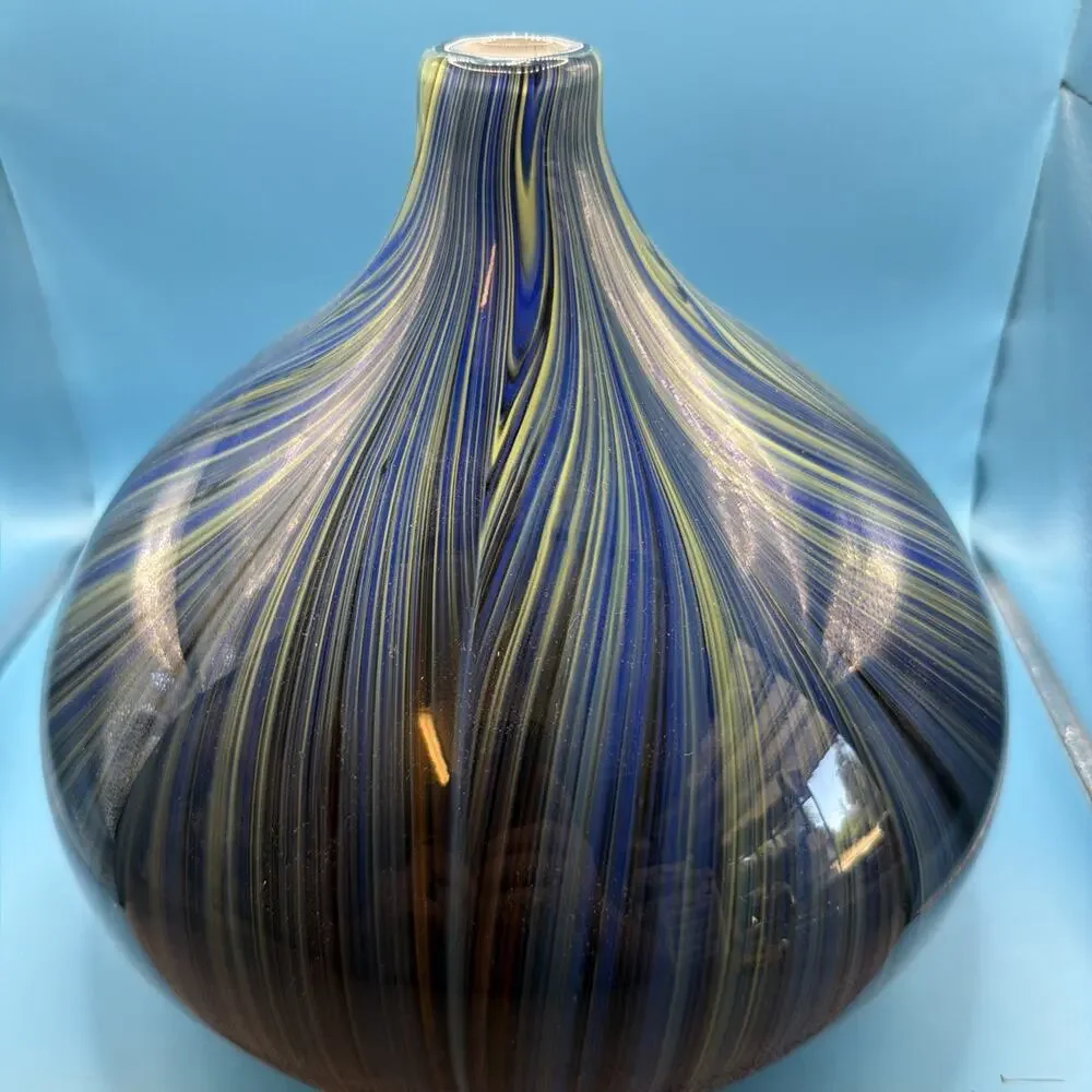 Murano Style Vase Large 10 Inch Onion Swirl Blue Green Black Hand Blown MCM